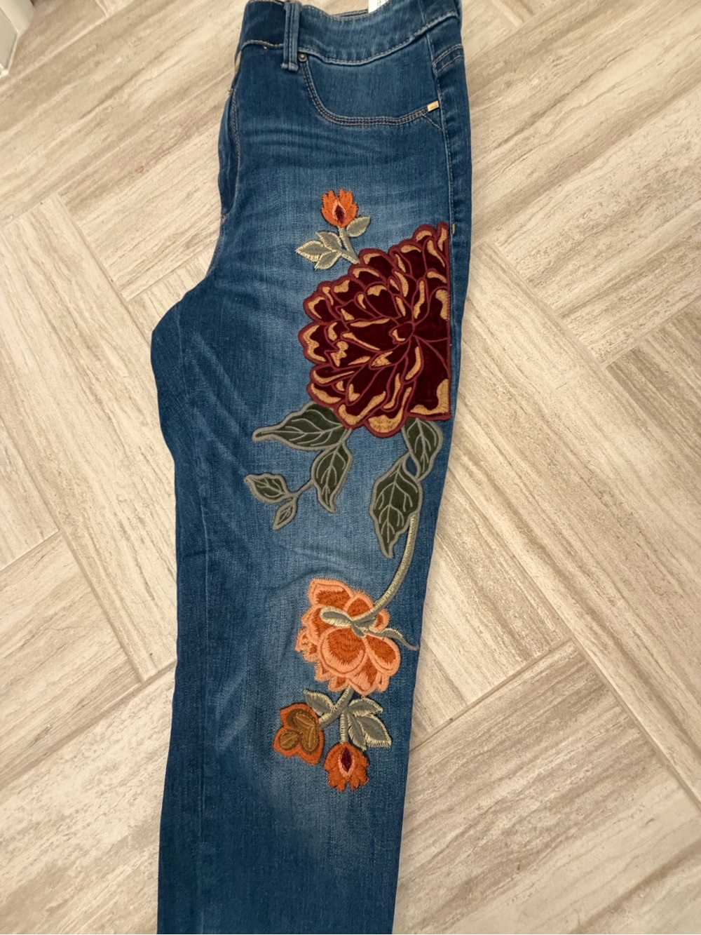 Chico's Blue Skinny Jeans with Burgundy & Orange Floral Embroidery